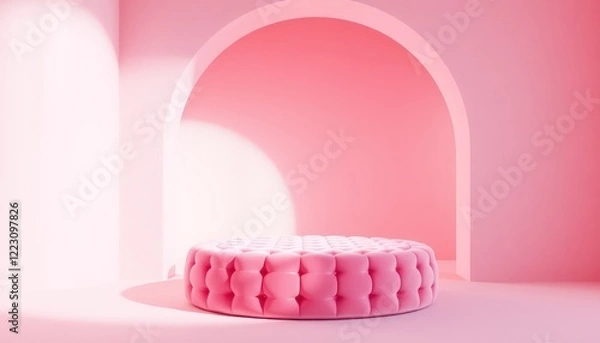 Fototapeta Minimalist Pink Interior Featuring an Archway and a Circular Platform in Soft Lighting