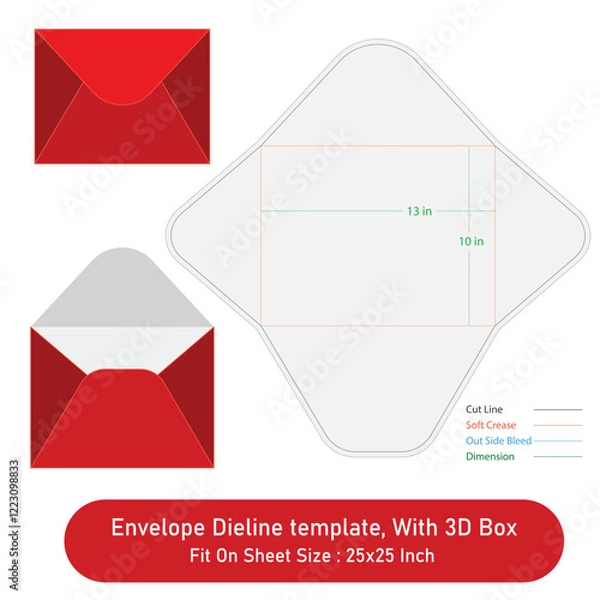 Obraz Envelope Size 13 x 10 in, Dieline template, With 3D Box, Vector File