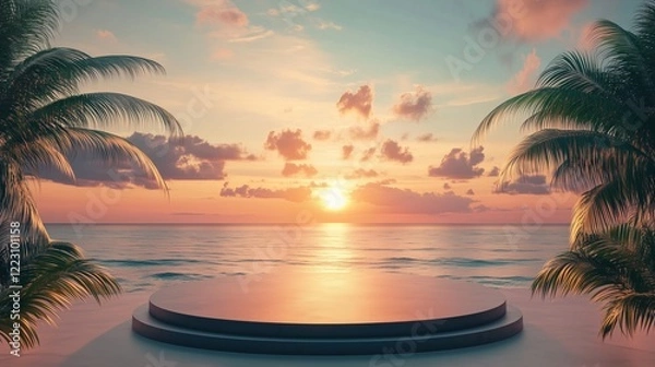 Fototapeta A sleek product platform placed on a sandy beach with a radiant sunset backdrop, blending warm tones and ocean waves for a serene beauty showcase.