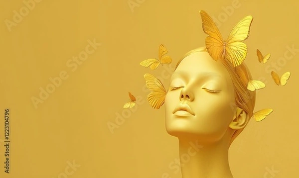 Fototapeta Golden Tranquility: A golden female bust with eyes closed, surrounded by ethereal, golden butterflies,  a timeless image of peace and serenity. The soft, golden tones evoke a sense of warmth, comfort.