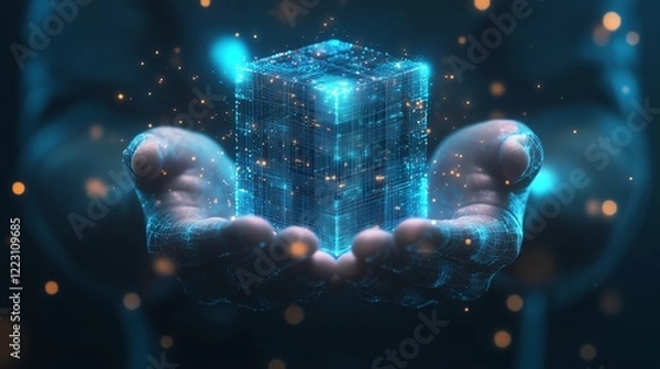 Fototapeta 3D wireframe hands presenting a glowing AI semiconductor hologram on a soft blue technology background, highlighting elegance, innovation, and minimalistic reflections.