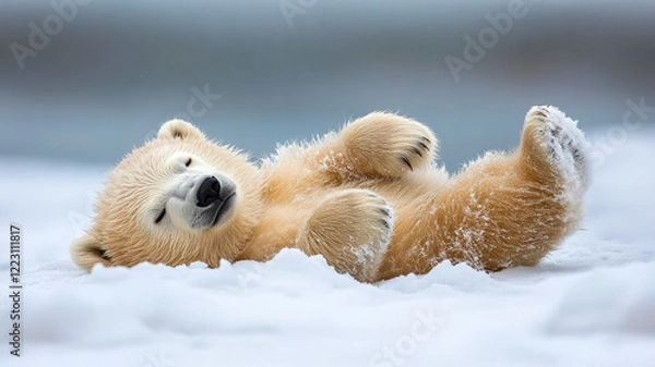 Fototapeta polar bear cub  rolling on snow