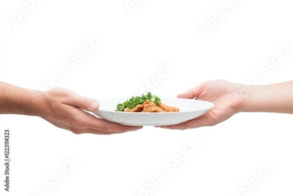 Obraz Two hands exchanging a plate of food with greens, set against a clean, white background