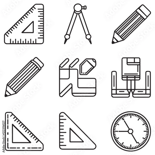 Fototapeta Set of outline icons related to blueprint. Linear icon collection. Editable stroke. Vector illustration