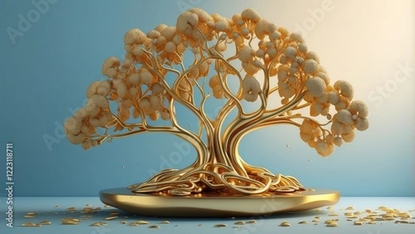 Fototapeta A stylized 3D rendering of a tree with intricate golden leaves and a smooth,