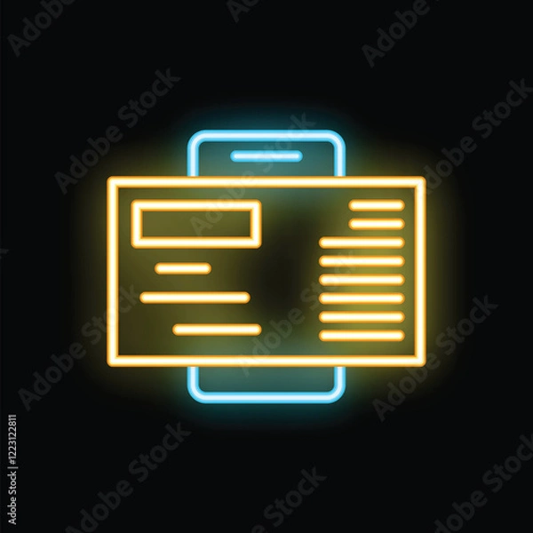 Fototapeta Neon glowing icon of a mobile phone displaying a boarding pass on its screen, on a dark background