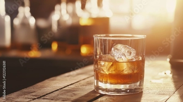Obraz Glass of whiskey on a rustic wooden table in warm lighting