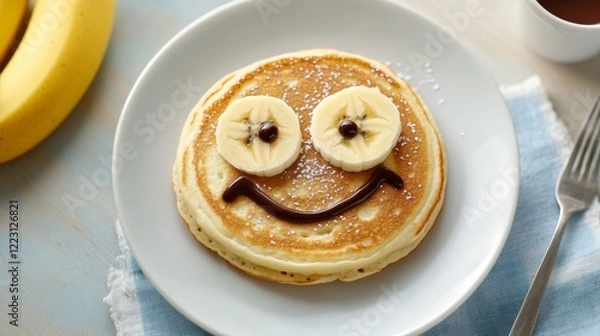 Fototapeta A playful pancake with banana slices and chocolate syrup creates a cheerful smiley face, perfect for a delightful breakfast.