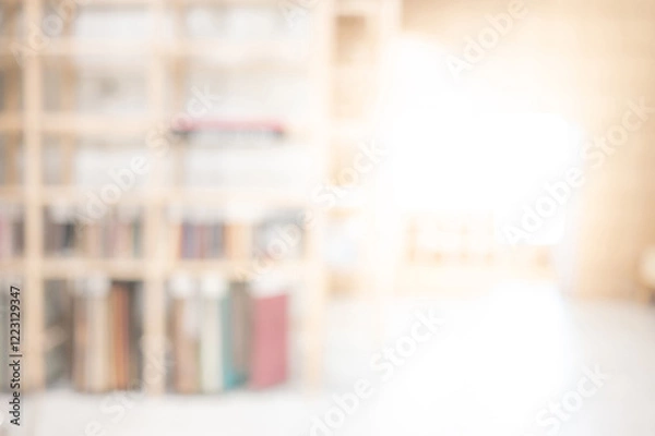 Fototapeta Abstract blurred public library interior. Blurry room perspective with decorative shelves. Empty space for background, backdrop or advertising in business or education concepts