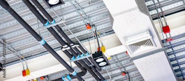 Fototapeta Electrical cable conduits wiring with colorful junction boxes, part of plumbing pipeline and ceiling air vent duct in modern building. Pipe and fitting for power, plumbing and air conditioning systems