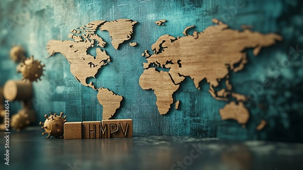 Fototapeta hmpv virus with digital world map visualization, Virus or Viruses Microscopic View of hmpv, showcasing intricate viral details of hmpv virus similiar as covid-19, recently break out hmpv virus.