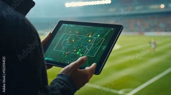 Fototapeta Analysis of Football Strategy on Tablet During Live Match Event