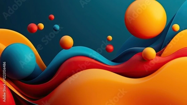 Fototapeta A vibrant abstract design featuring flowing waves and colorful spheres, creating a dynamic and harmonious visual experience.