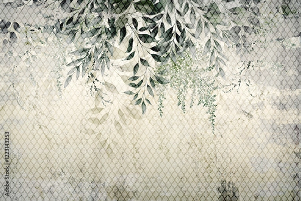 Obraz Floral background for wallpaper, watercolor greenery, can be used as poster. Botanical art. Mural. Leaves on marble.	
