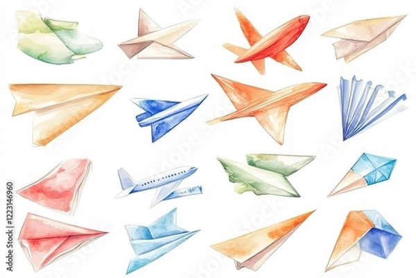 Fototapeta Colorful watercolor illustrations of various paper airplanes in different styles and sizes