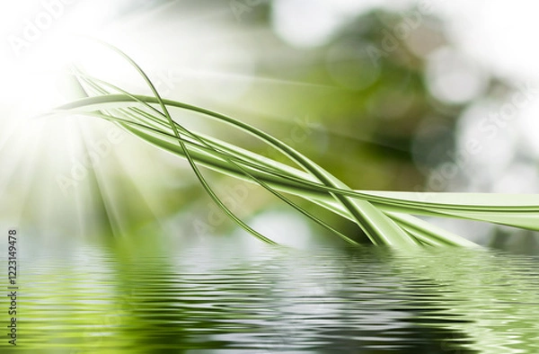 Fototapeta Gentle green blades dance under shimmering sunlight reflecting on tranquil water at dawn