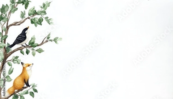 Obraz A serene illustration of a fox gazing up at a singing bird perched on a leafy branch