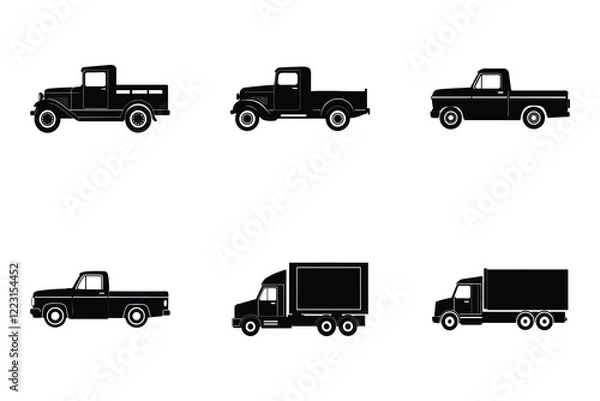 Obraz Flat vector silhouette design of trucks isolated on white background