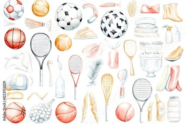 Obraz A vibrant collection of various sports equipment and accessories illustrated in a playful style