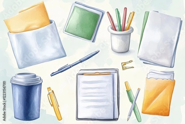 Obraz Colorful office supplies arranged on a light background, showcasing stationery items and tools