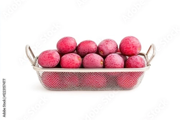 Obraz Freshly harvested purple fruits arranged in a metal basket on a white background