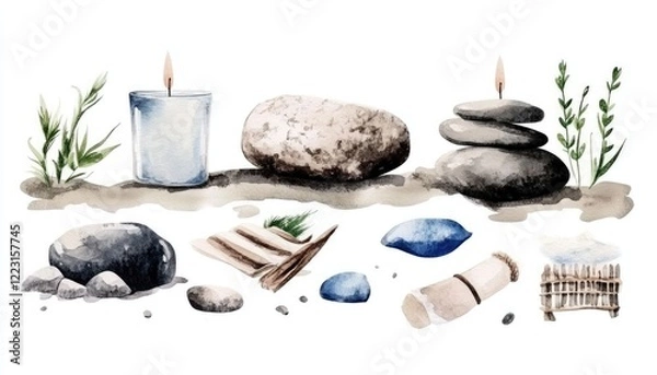 Obraz Serene Still Life Composition Featuring Candles, Stones, and Natural Elements in a Calm Setting