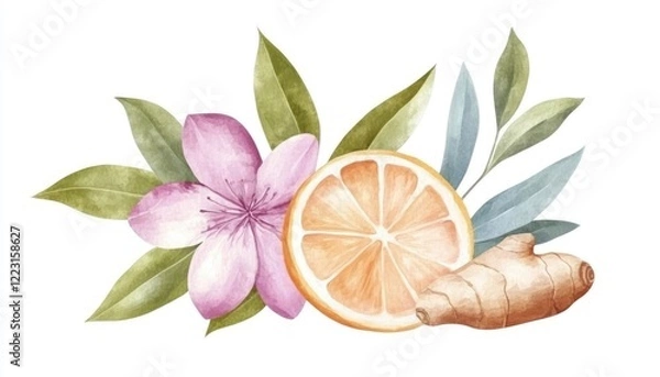 Obraz Vibrant watercolor illustration featuring a flower, citrus slice, and ginger root with leaves