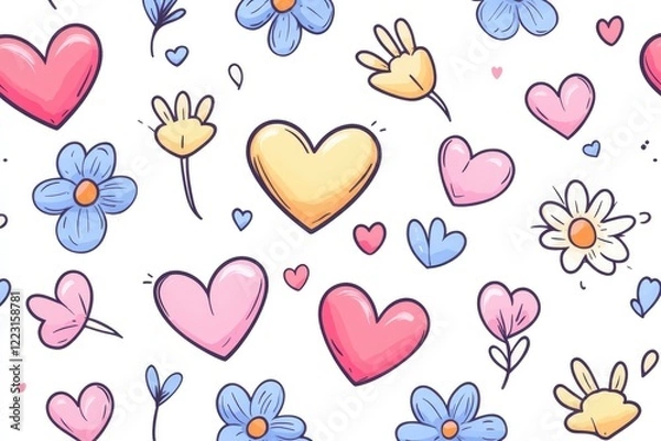 Fototapeta Colorful hand-drawn pattern featuring hearts and flowers on a white background, ideal for fabric design