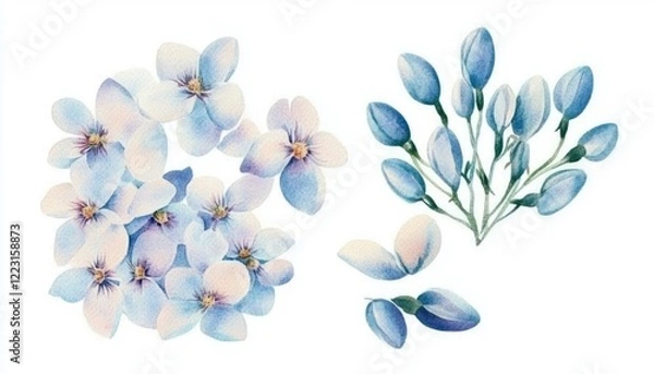 Obraz Delicate watercolor illustration of blue and white flowers with buds on a clean background