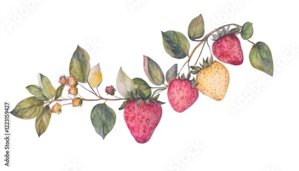 Obraz A vibrant watercolor illustration of strawberries and leaves, showcasing ripe and unripe fruit