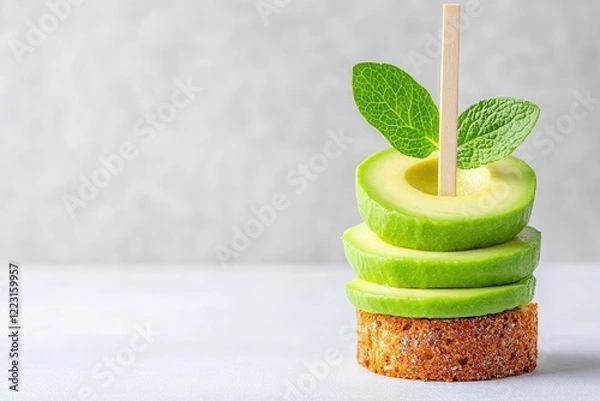 Obraz Fresh green apple slices stacked on a crumbly base with mint leaves, set against a light backdrop