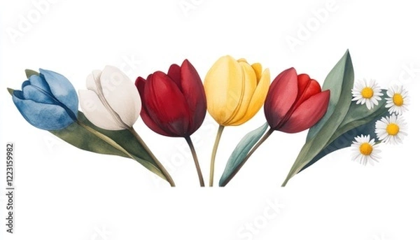Obraz Colorful arrangement of tulips and daisies showcasing spring beauty in a vibrant garden setting
