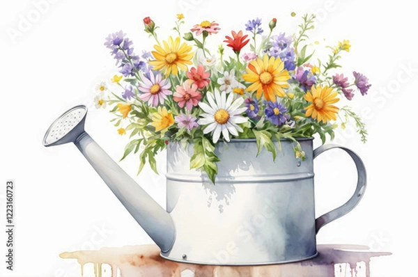Fototapeta Watercolor illustration with a white iron watering can with wildflowers in it, drawing for a postcard.