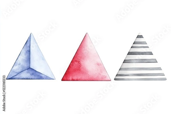Obraz Three watercolor pyramids in varying colors and patterns on a clean white background