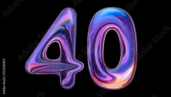 Fototapeta 40 iridescent number forty ,  isolated on black background - neon glowing number - birthday  party number design