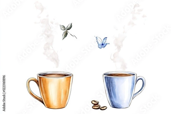 Fototapeta Two steaming coffee cups with leaves and a butterfly, creating a serene and inviting atmosphere