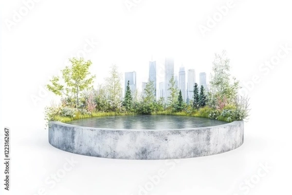 Obraz Urban Oasis A Serene Water Feature Surrounded by Lush Greenery in a Cityscape Background