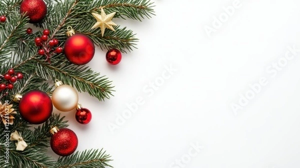 Fototapeta Festive christmas decorations with red baubles and evergreen branches on white background