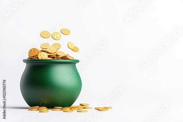 Obraz A green pot overflowing with golden coins, symbolizing wealth and prosperity against a plain backdrop