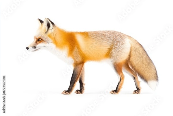 Obraz A vibrant red fox gracefully walking across a white background, showcasing its striking fur and keen expression