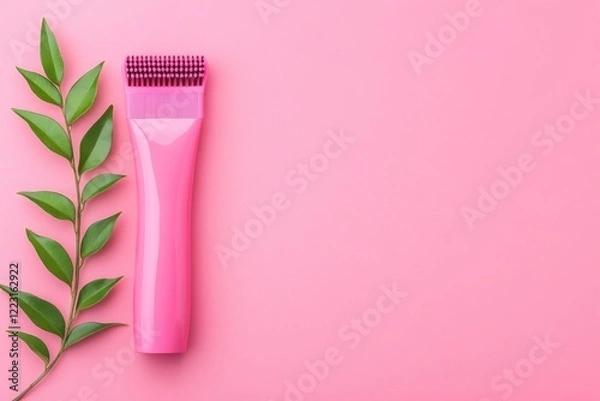 Obraz Pink beauty tool and green leaf on a soft pink background, perfect for skincare product promotion