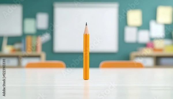 Obraz Bright orange pencil standing upright on a classroom table with blurred background elements