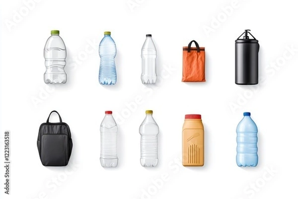 Obraz Various types of bottles and containers arranged in a clean layout for product display