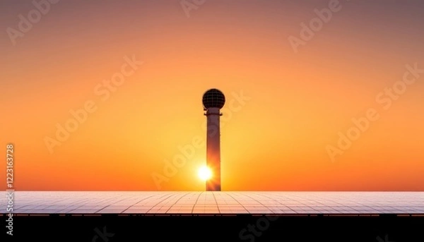 Obraz Tower silhouette against a vibrant sunset with reflections on a tiled surface, evoking tranquility