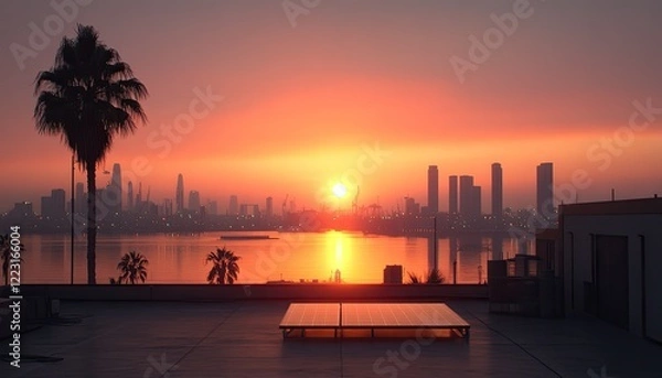 Fototapeta Serene sunset over a city skyline with palm trees reflecting on a calm waterfront