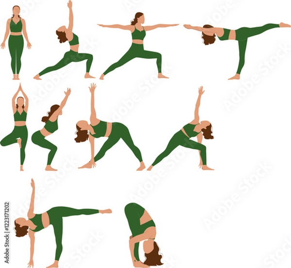 Fototapeta Vector illustration. People practicing yoga, set of poses. characters for books, flexibility exercises. Sports figures, training, health, fitness