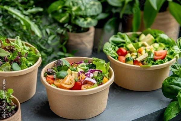 Fototapeta Eco-friendly takeaway packaging solution featuring biodegradable bowls with fresh salads in natural lighting