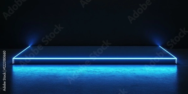 Fototapeta A sleek, illuminated platform with a blue neon outline against a dark background, ideal for showcasing products, events, or digital content.
