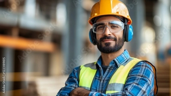 Fototapeta Portrait of handsome indian worker in hardhat looking at camera