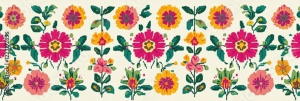 Fototapeta Colorful floral pattern with vibrant flowers in retro style